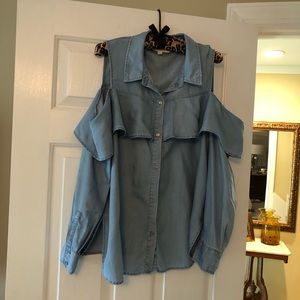 Two by Vince Camuto Chambray Ruffle Blouse